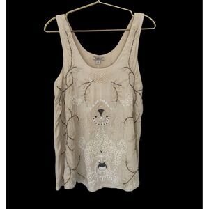 Lucky Brand Embroidered Beaded Tank Top Small Beige Rayon NWT Boho Festival